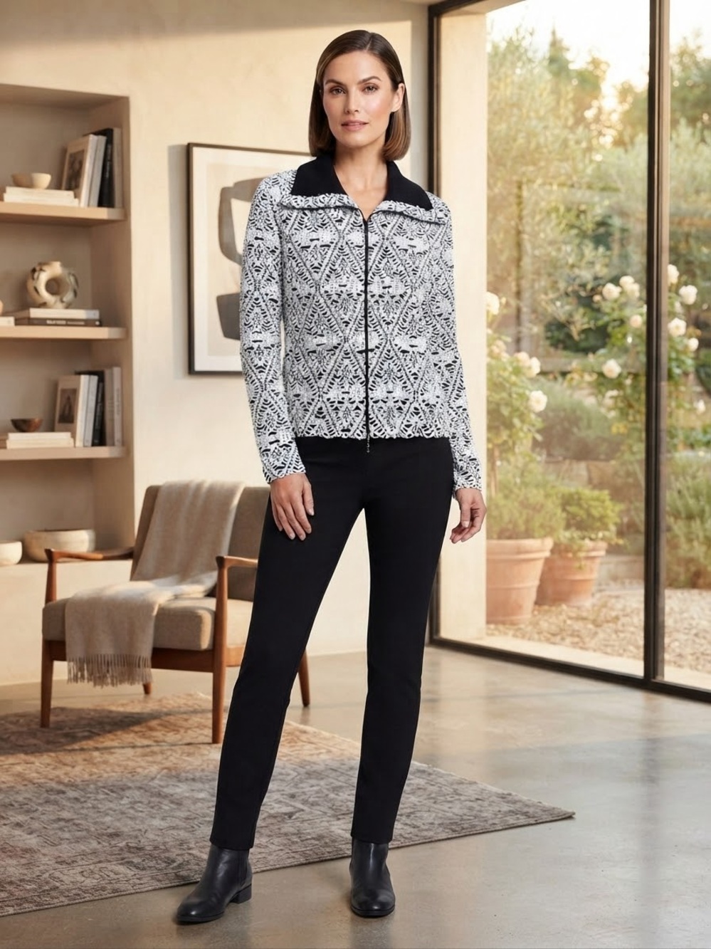 Joseph Ribkoff Black Slim Ponte Pants with Black-and-White Patterned Top